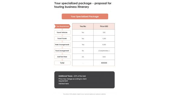Your Specialized Package Proposal For Touring Business Itinerary One Pager Sample Example Document Your Specialized Package Proposal For Touring Business Itinerary One Pager Sample Example Document