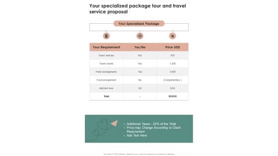 Your Specialized Package Tour And Travel Service Proposal One Pager Sample Example Document