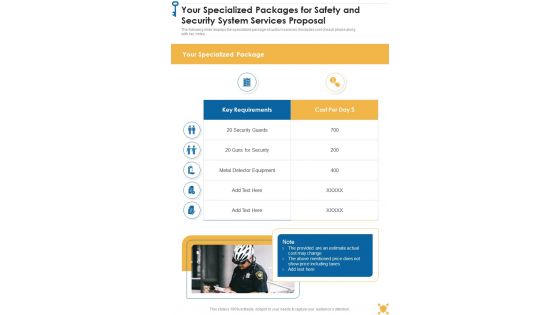 Your Specialized Packages For Safety And Security System Services Proposal One Pager Sample Example Document