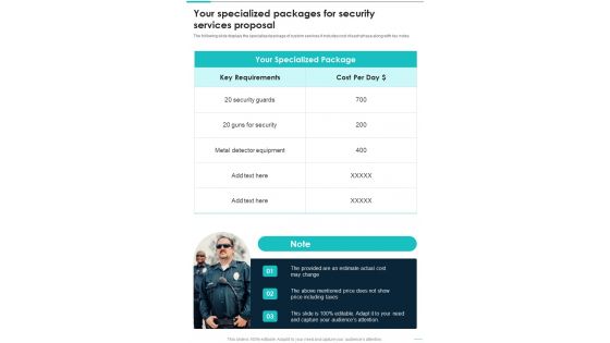 Your Specialized Packages For Security Services Proposal One Pager Sample Example Document Your Specialized Packages For Security Services Proposal One Pager Sample Example Document