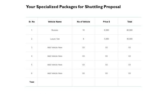 Your Specialized Packages For Shuttling Proposal Ppt PowerPoint Presentation Show Graphics Example