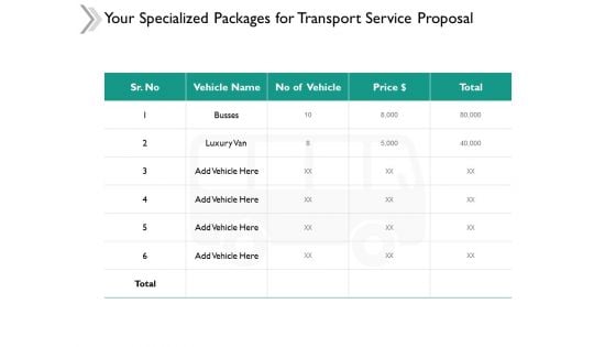 Your Specialized Packages For Transport Service Proposal Ppt Powerpoint Presentation File Model