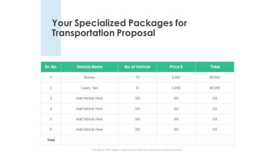 Your Specialized Packages For Transportation Proposal Ppt PowerPoint Presentation Icon Format Ideas