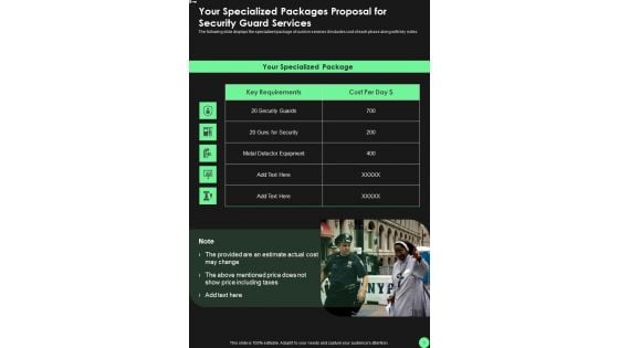 Your Specialized Packages Proposal For Security Guard Services One Pager Sample Example Document Your Specialized Packages Proposal For Security Guard Services One Pager Sample Example Document