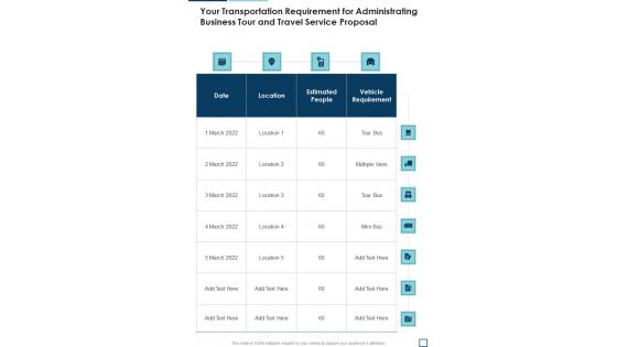 Your Transportation Requirement For Administrating Business Tour And Travel Service Proposal One Pager Sample Example Document Your Transportation Requirement For Administrating Business Tour And Travel Service Proposal One Pager Sample Example Document