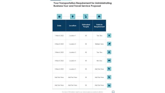 Your Transportation Requirement For Administrating Business Tour And Travel Service Proposal One Pager Sample Example Document