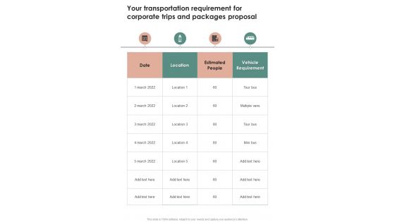 Your Transportation Requirement For Corporate Trips And Packages Proposal One Pager Sample Example Document