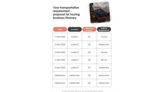 Your Transportation Requirement For Touring Business Itinerary One Pager Sample Example Document