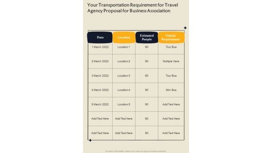 Your Transportation Requirement For Travel Agency Proposal For Business Association One Pager Sample Example Document Your Transportation Requirement For Travel Agency Proposal For Business Association One Pager Sample Example Document