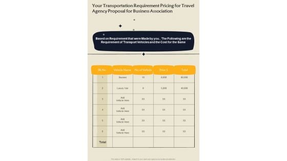 Your Transportation Requirement Pricing For Travel Agency Proposal For Business Association One Pager Sample Example Document Your Transportation Requirement Pricing For Travel Agency Proposal For Business Association One Pager Sample Example Document