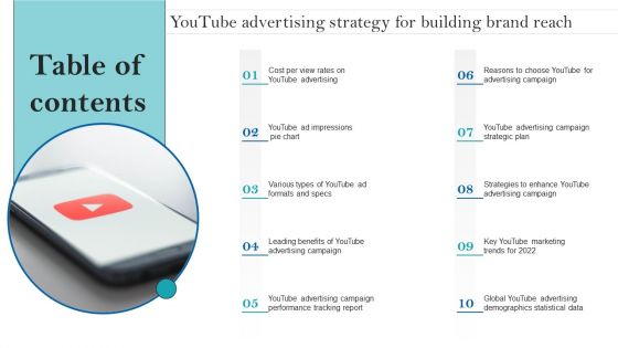 Youtube Advertising Strategy For Building Brand Reach Table Of Contents Slides PDF