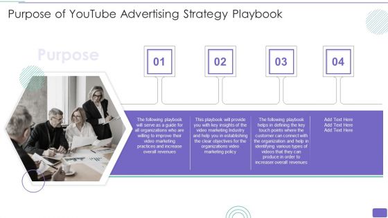 Youtube Advertising Strategy Playbook Purpose Of Youtube Advertising Strategy Playbook Designs PDF