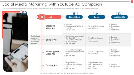 Youtube Advertising Techniques Social Media Marketing With Youtube Ad Campaign Background PDF