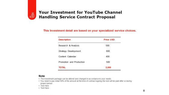 Youtube Channel Handling Service Contract Proposal Ppt PowerPoint Presentation Complete Deck With Slides