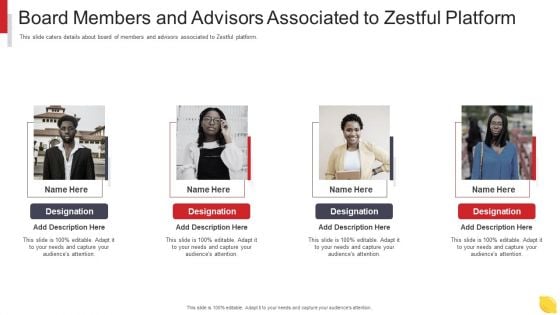 Zestful Investor Capital Raising Pitch Deck Board Members And Advisors Associated To Zestful Platform Mockup PDF