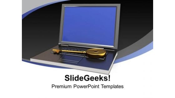 A Large Brass Key With Laptop PowerPoint Templates Ppt Backgrounds For Slides 1212