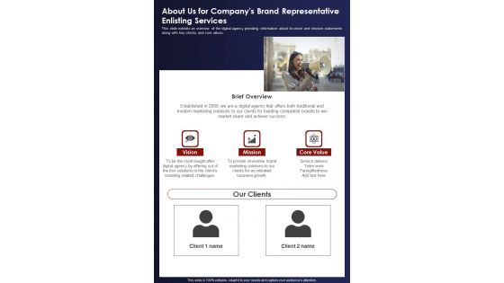 About Us For Companys Brand Representative Enlisting Services One Pager Sample Example Document About Us For Companys Brand Representative Enlisting Services One Pager Sample Example Document