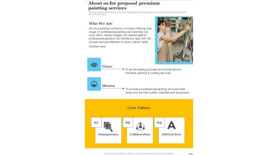 About Us For Proposal Premium Painting Services One Pager Sample Example Document