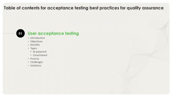Acceptance Testing Best Practices For Quality Assurance Table Of Contents PPT Sample