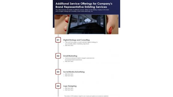 Additional Service Offerings For Companys Brand Representative One Pager Sample Example Document