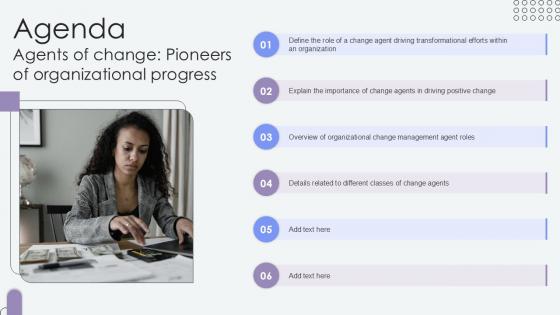 Agenda Agents Of Change Pioneers Of Organizational Progress PPT Example CM SS V