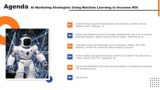 Agenda AI Marketing Strategies Using Machine Learning To Increase ROI Ppt Styles Maker Pdf