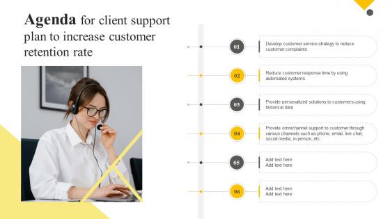 Agenda For Client Support Plan To Increase Customer Retention Rate Strategy SS V