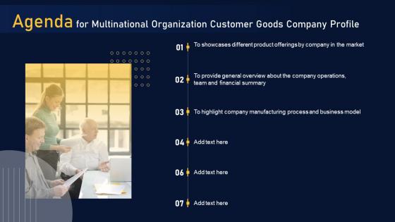 Agenda For Multinational Organization Customer Goods Company Profile Portrait Pdf Agenda For Multinational Organization Customer Goods Company Profile Portrait Pdf