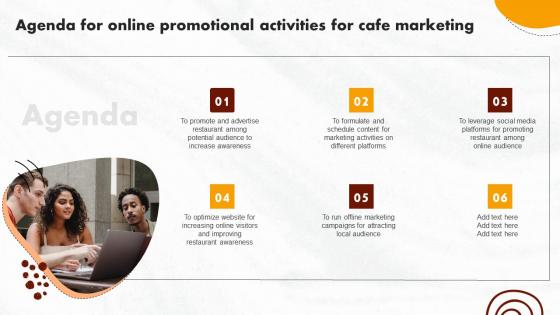 Agenda For Online Promotional Activities For Cafe Marketing Demonstration Pdf