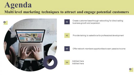 Agenda Multi Level Marketing Techniques To Attract And Engage Potential Customers Background Pdf