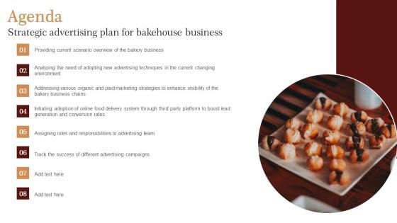 Agenda Strategic Advertising Plan For Bakehouse Business Infographics Pdf