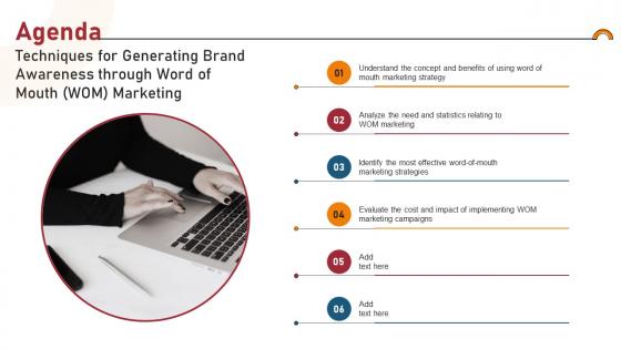 Agenda Techniques For Generating Brand Awareness Through Word Of Mouth WOM Marketing Icons Pdf