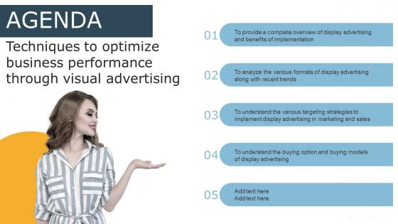 Agenda Techniques To Optimize Business Performance Through Visual Advertising Template Pdf