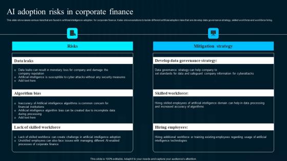 Ai Adoption Risks In Corporate Finance Artificial Intelligence Applications Infographics Pdf