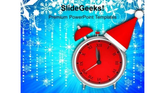 Alarm Clock Christmas Hat Welcome New Year PowerPoint Templates Ppt Backgrounds For Slides 1212