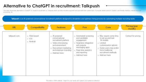 Alternative To ChatGPT Talkpush AI Powered Recruitment Enhancing Ppt PowerPoint AI SS V Alternative To ChatGPT Talkpush AI Powered Recruitment Enhancing Ppt PowerPoint AI SS V