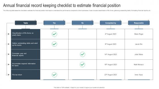 Annual Financial Record Keeping Checklist To Estimate Financial Position Microsoft Pdf