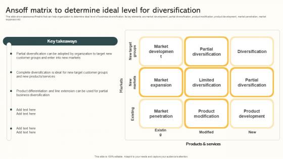 Ansoff Matrix To Determine Ideal Level For Diversification Market Expansion Through Themes Pdf