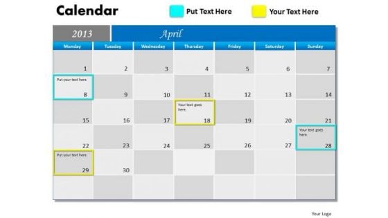 April 2013 Calendar PowerPoint Slides Ppt Templates