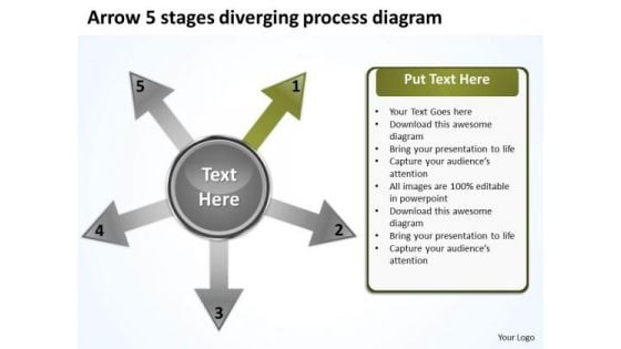 Arrow 5 Stages Diverging Process Diagram Circular Flow PowerPoint Slides