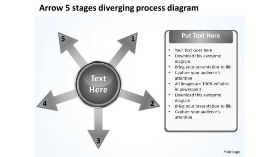 Arrow 5 Stages Diverging Process Diagram Circular PowerPoint Slides