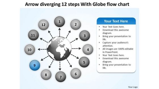Arrow Diverging 12 Steps With Globe Flow Chart Cycle Spoke Diagram PowerPoint Slides