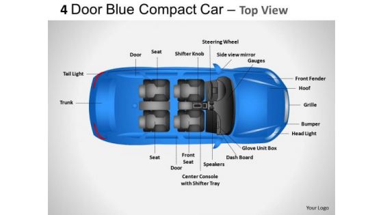 Arrows 4 Door Blue Car Top View PowerPoint Slides And Ppt Diagram Templates