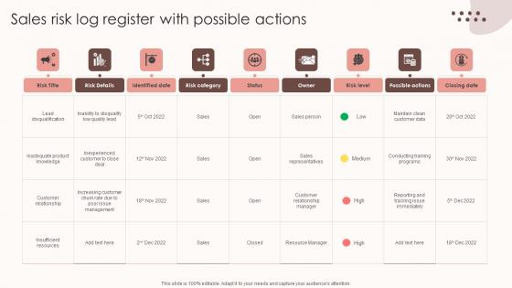 Assessing Sales Risks Sales Risk Log Register With Possible Actions Themes PDF