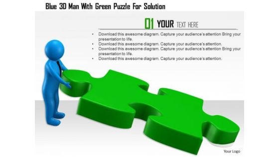 Blue 3d Man With Green Puzzle For Solution Blue 3d Man With Green Puzzle For Solution