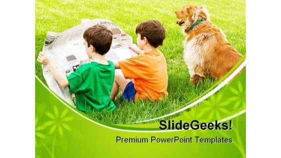Boys Read Newspaper Children PowerPoint Themes And PowerPoint Slides 0411