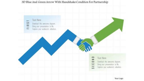 Busines Diagram 3d Blue And Green Arrow With Handshake Condition For Partnership Ppt Template