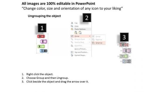 Busines Diagram Four Cars With Multicolors And Text Boxes Presentation Template