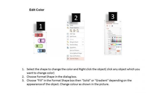 Busines Diagram Four Cars With Multicolors And Text Boxes Presentation Template