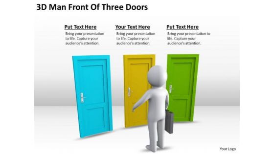 Business Architecture Diagrams 3d Man Front Of Three Doors PowerPoint Slides